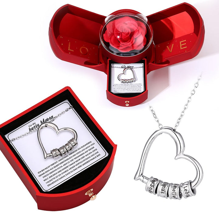 Herzkette mit personalisierten Namenringen - Für die beste Mama der Welt - Ewige Rosenbox