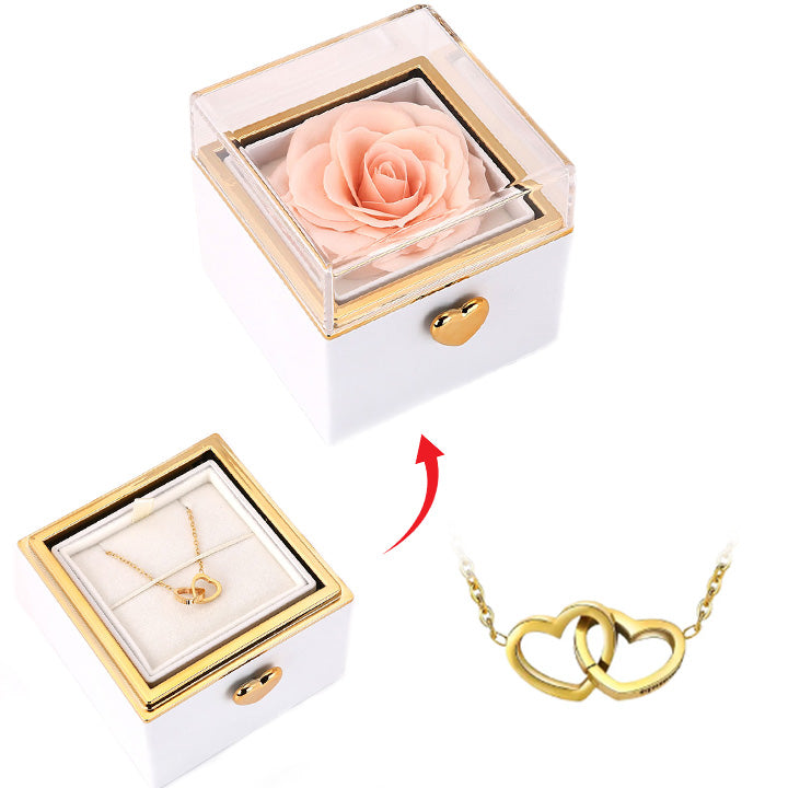 Überraschung-Rosenbox - 18k Doppel-Herzkette mit Gravur