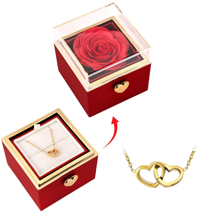 Überraschung-Rosenbox - 18k Doppel-Herzkette mit Gravur