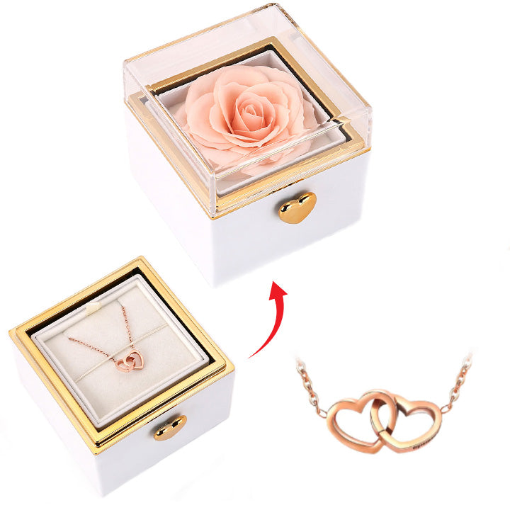 Überraschung-Rosenbox - 18k Doppel-Herzkette mit Gravur