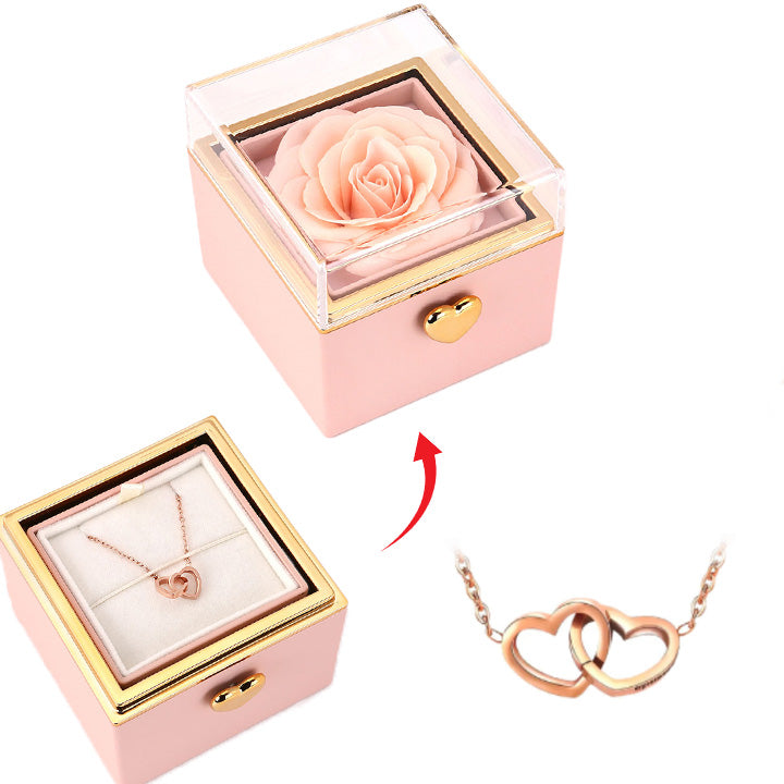 Überraschung-Rosenbox - 18k Doppel-Herzkette mit Gravur