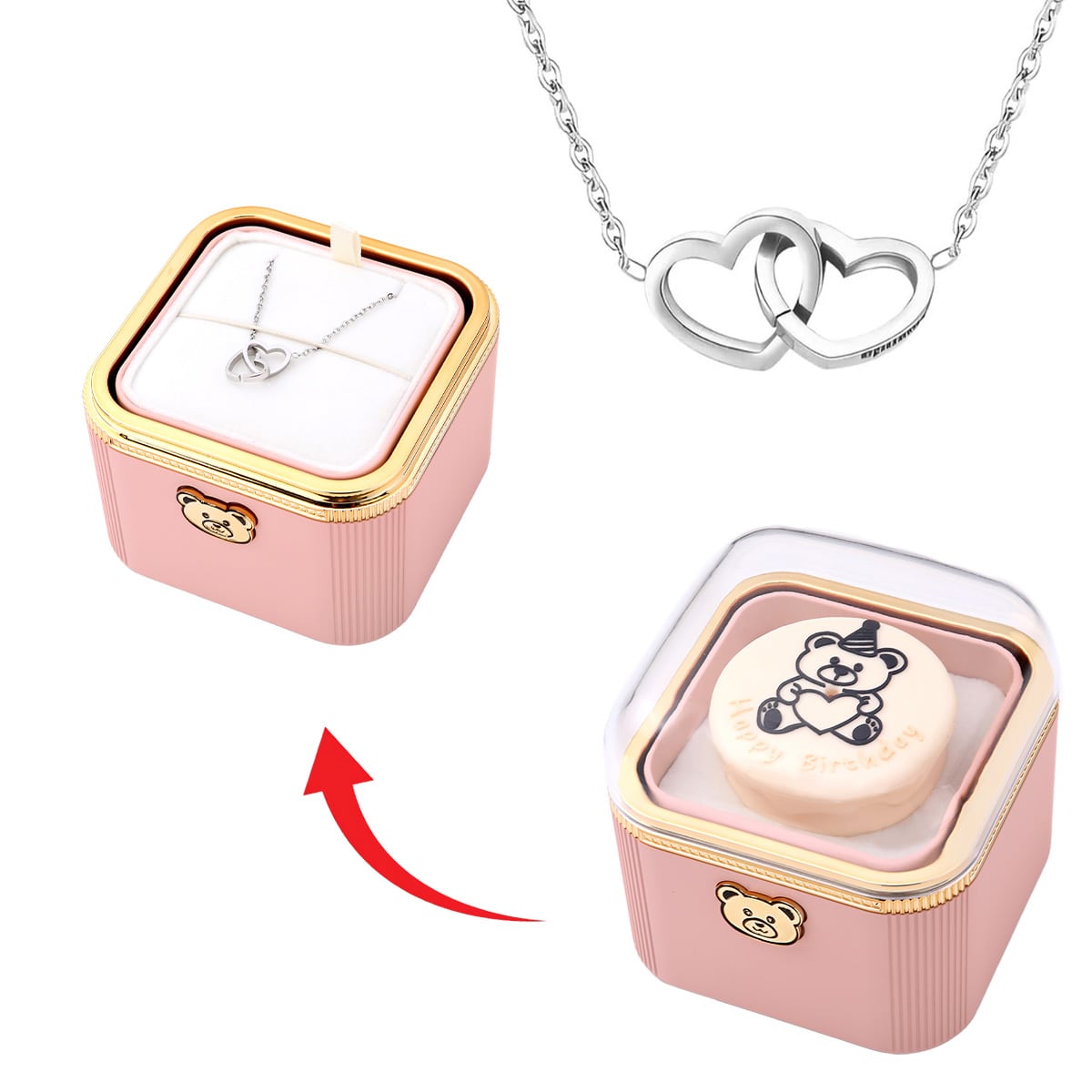 Überraschungs Geburtstags Box mit Doppelherzkette und Kerze