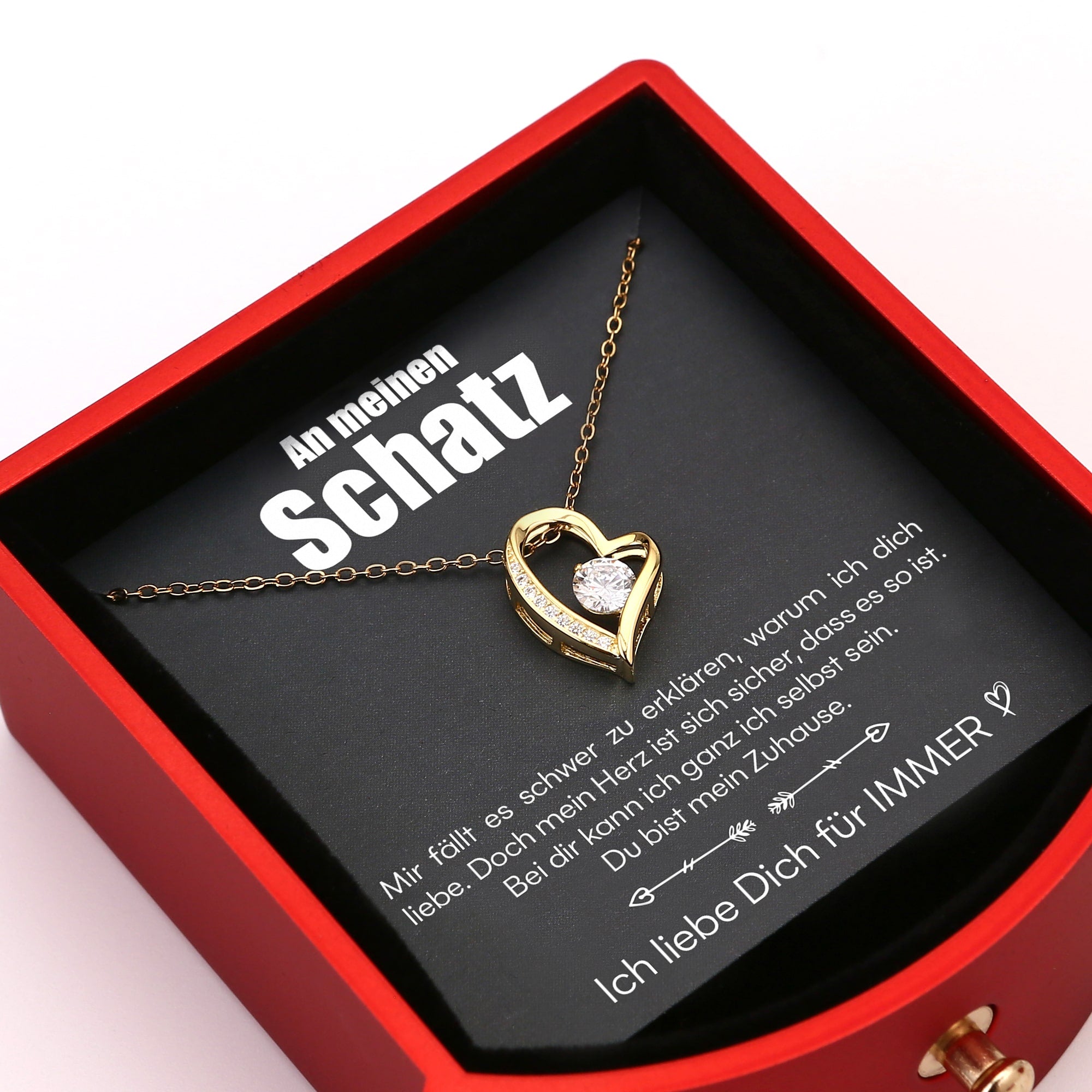 Ewige Rosenbox - 14k Weißgold Herz Halskette & Liebesnotiz - An meinen Schatz