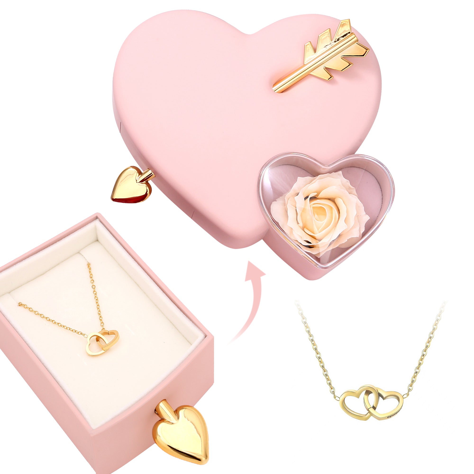 Amour Rosenbox - mit versteckter Gravur-Doppelherzkette
