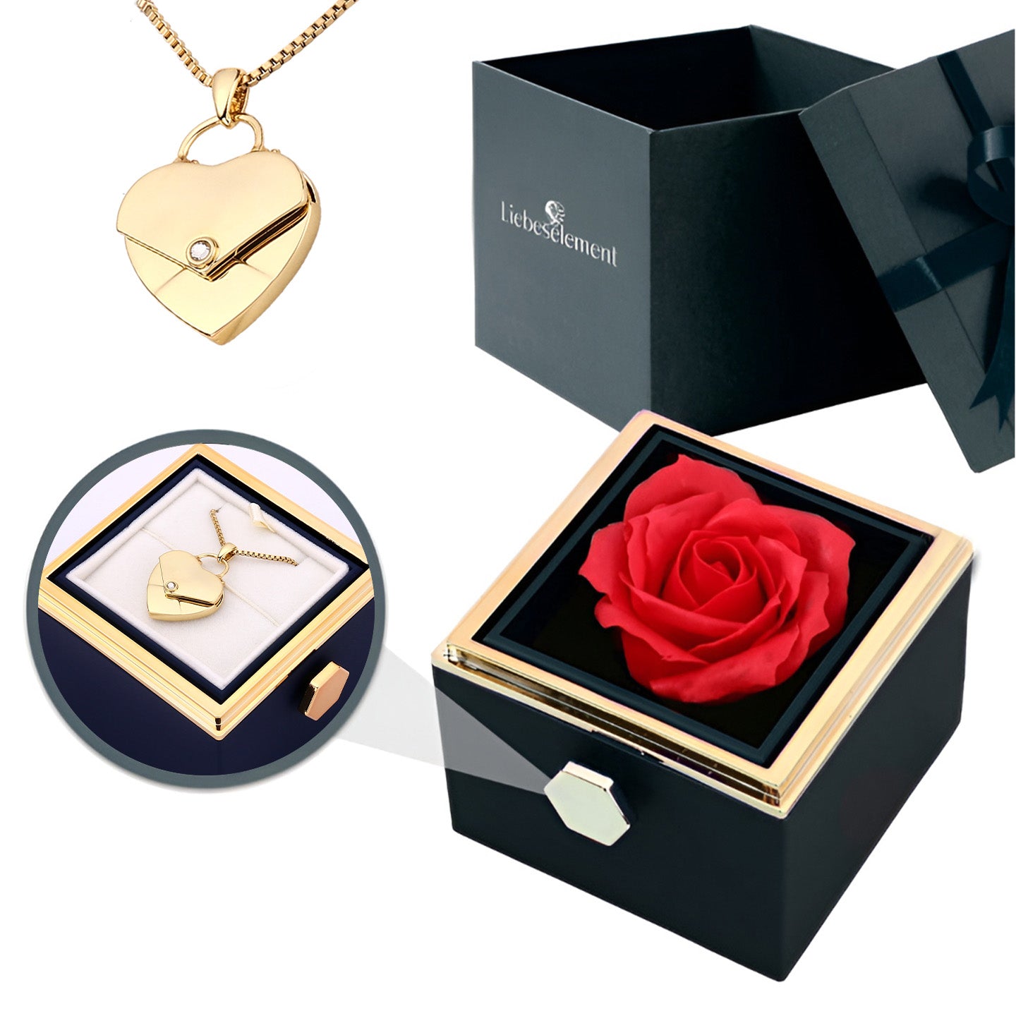 Rosenbox mit Herzkette mit Gravur