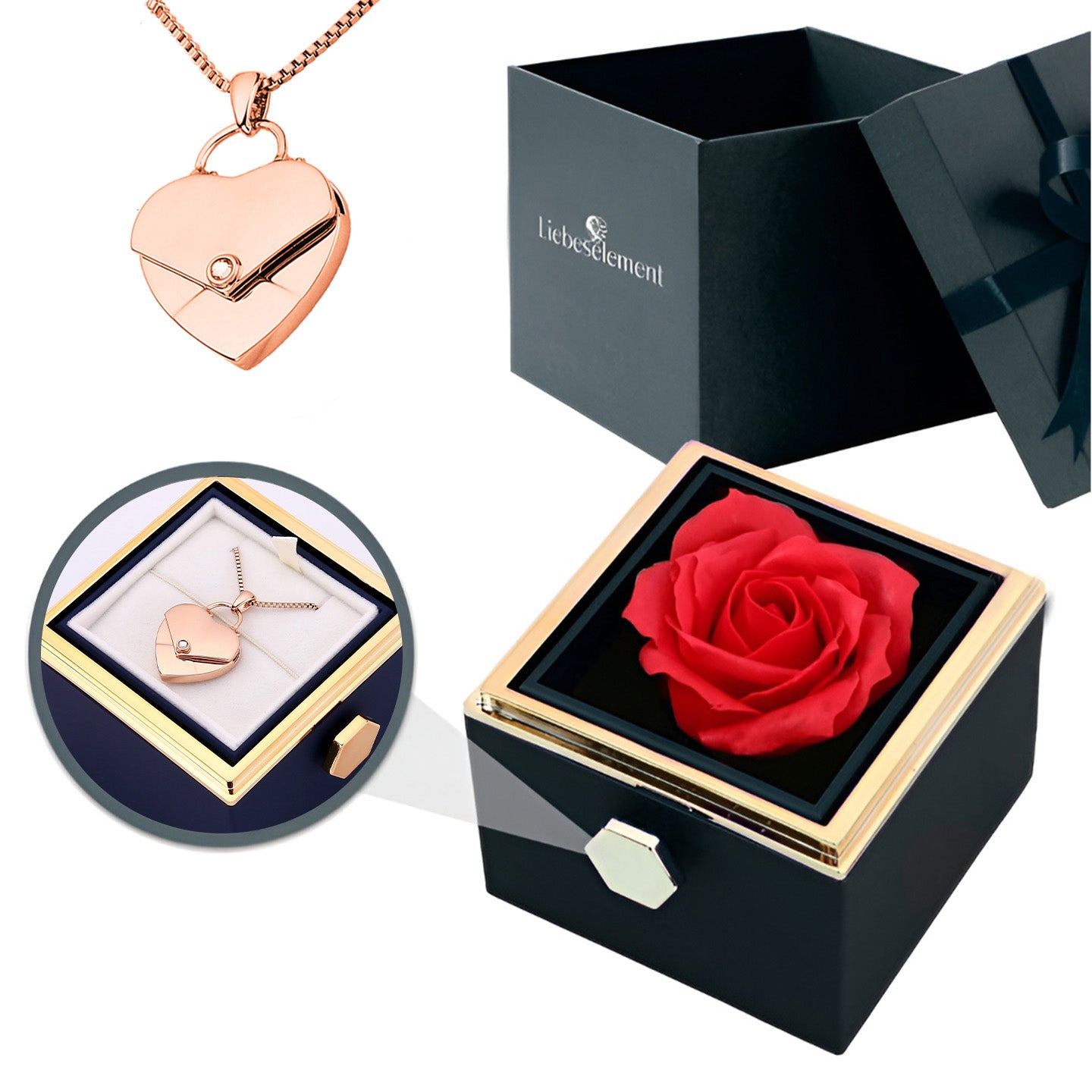 Rosenbox mit Herzkette mit Gravur