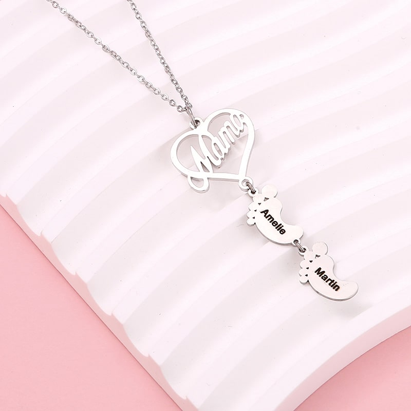 S925 Sterling Silber - Mama Herzkette mit Füßchen-Namen