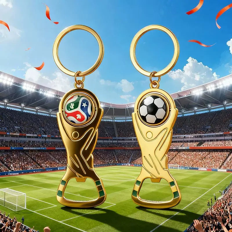 Fußball Pokal Schlüsselanhänger mit Flaschenöffner – Goldfarbener Anhänger mit Fußballmotiv