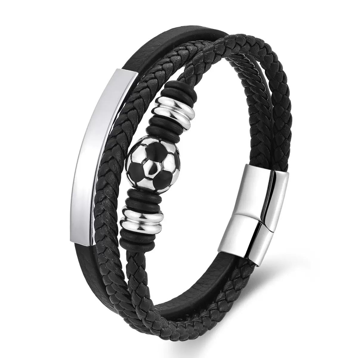Fußball Armband Schwarz – Mehrreihiges geflochtenes Armband mit Fußball-Perle