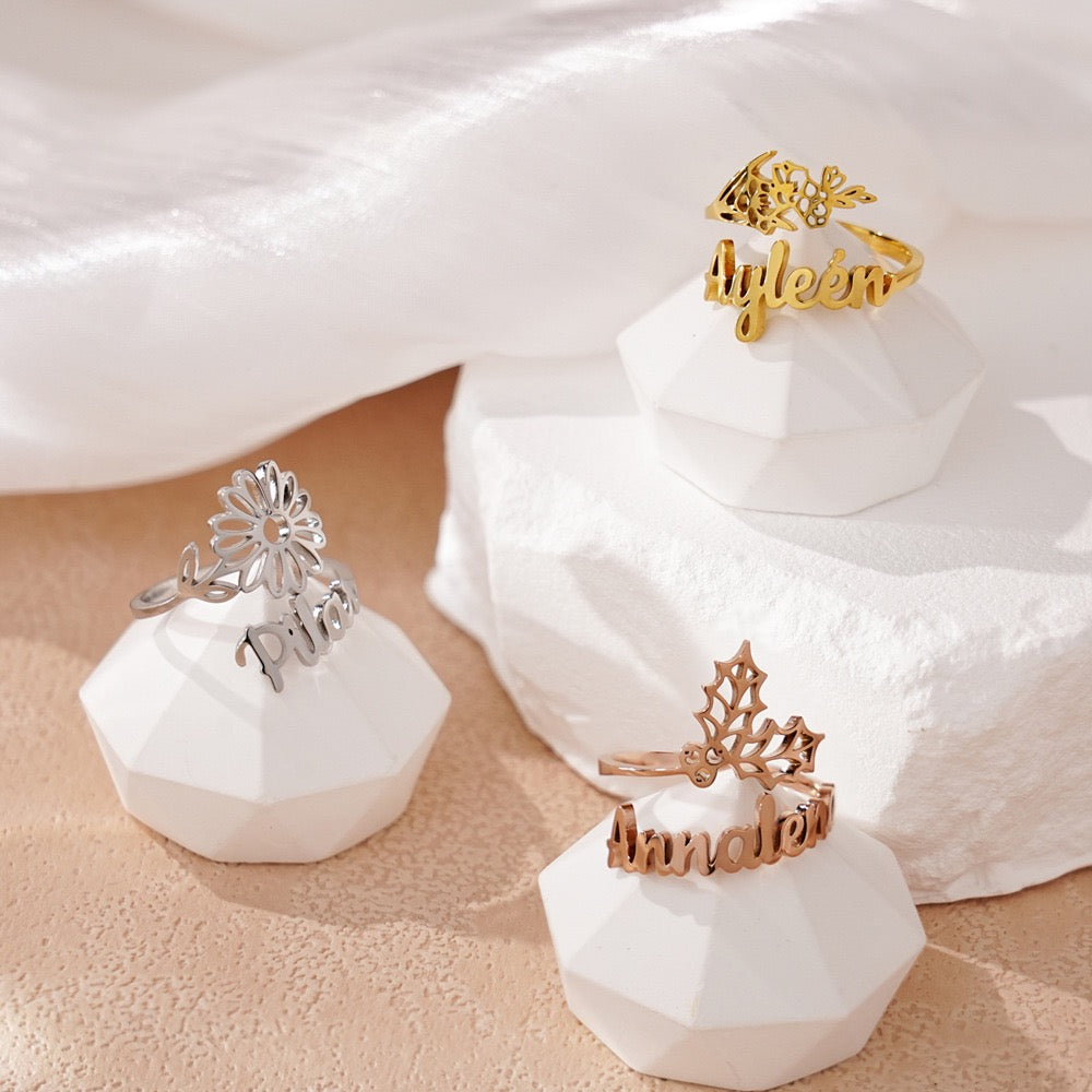 Personalisierter Geburtsblumen-Ring mit Name