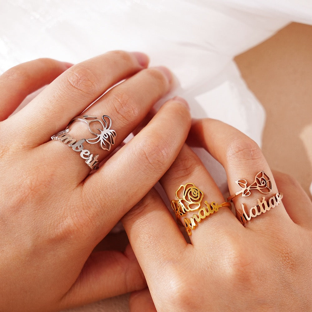 Personalisierter Geburtsblumen-Ring mit Name