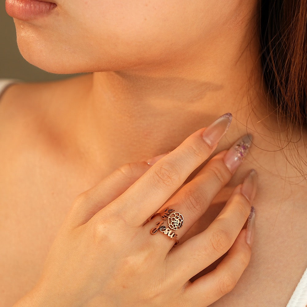 Personalisierter Geburtsblumen-Ring mit Name