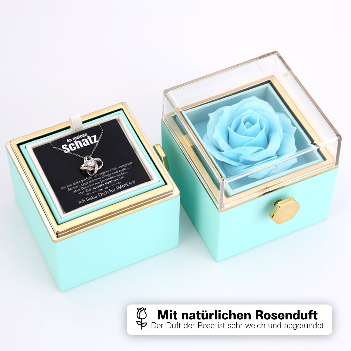 Ewige Rosenbox – mit Knoten-Halskette, Liebesnotiz und echter Rose