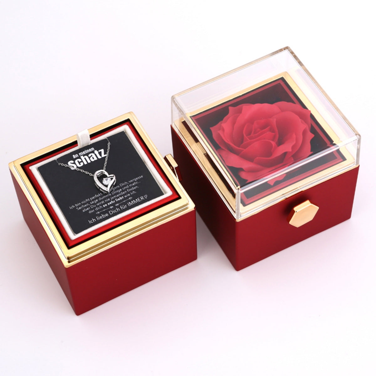 Ewige Rosenbox – mit Herz-Halskette, Liebesnotiz und echter Rose