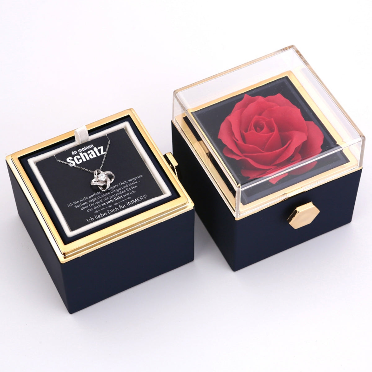 Ewige Rosenbox – mit Knoten-Halskette, Liebesnotiz und echter Rose