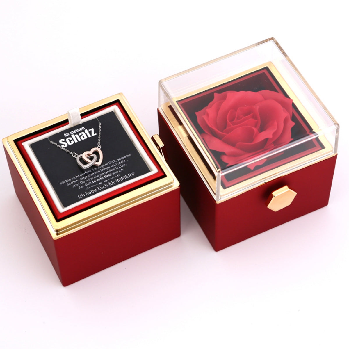 Ewige Rosenbox – mit Doppelherz Halskette, Liebesnotiz und echter Rose