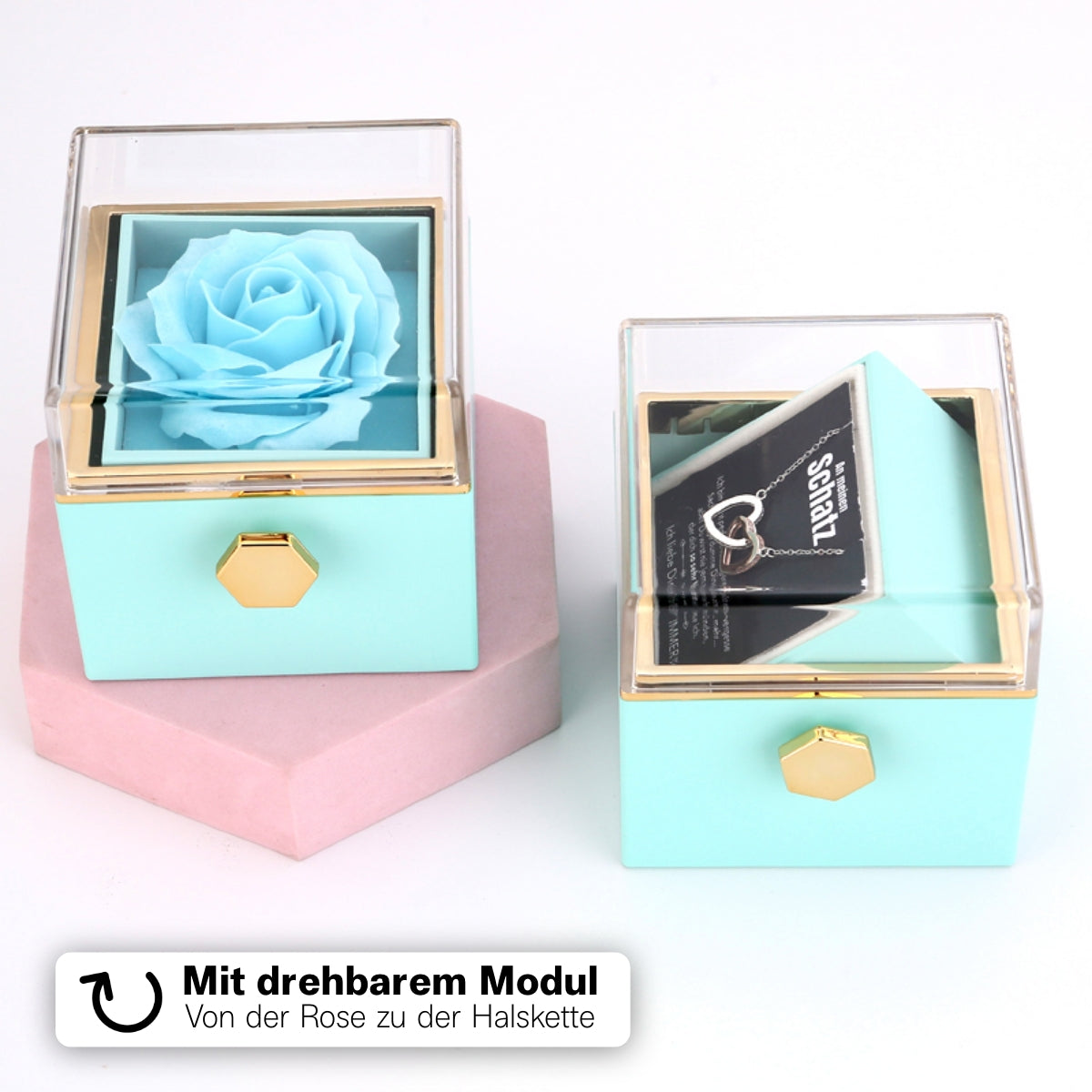 Ewige Rosenbox – mit Doppelherz Halskette, Liebesnotiz und echter Rose