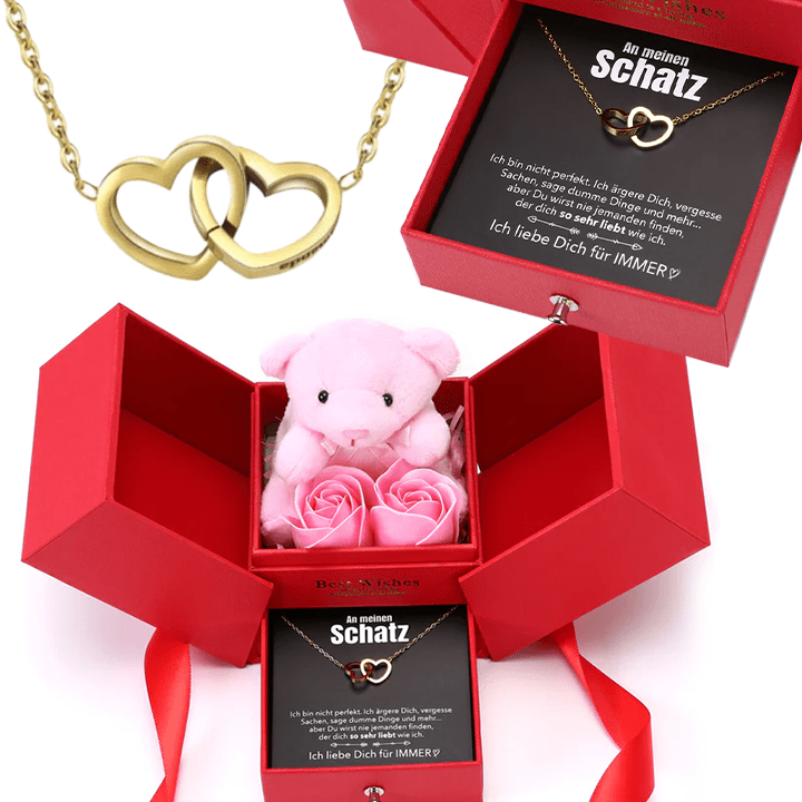 Ewige Rosenbär Box - Gravierte Halskette mit Notiz & ewiger Rose