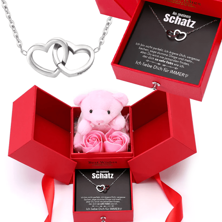 Ewige Rosenbär Box - Gravierte Halskette mit Notiz & ewiger Rose