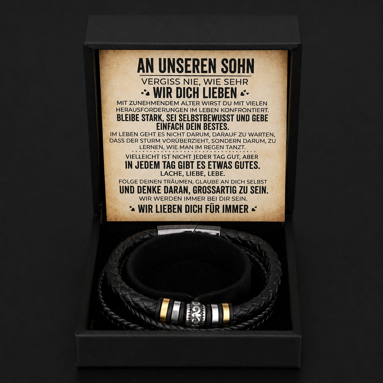 An unseren Sohn - Geflochtenes Edelstahl Lederarmband