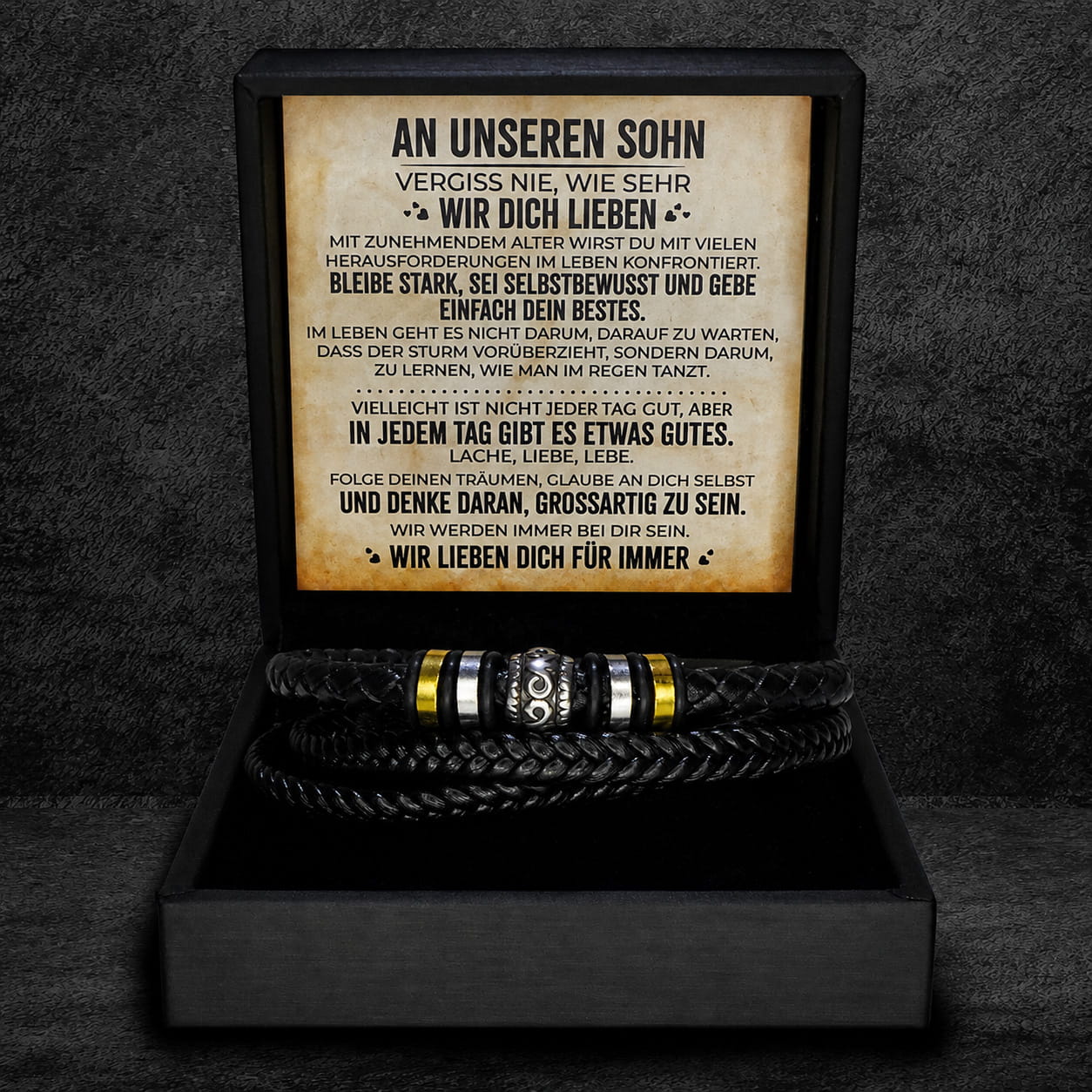 An unseren Sohn - Geflochtenes Edelstahl Lederarmband