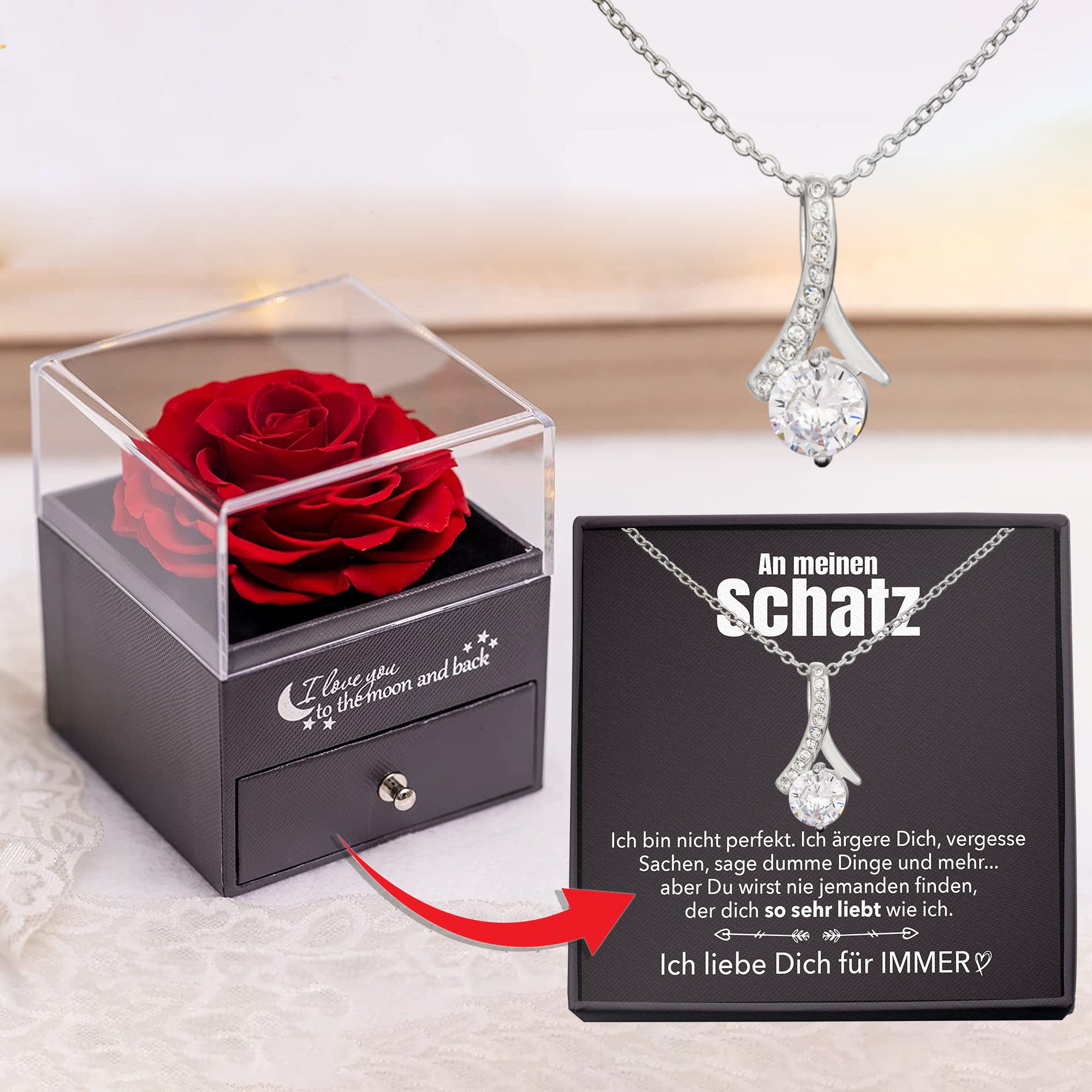 Rosenbox - Weißgold Ausführung Stil-Halskette - An meinen Schatz