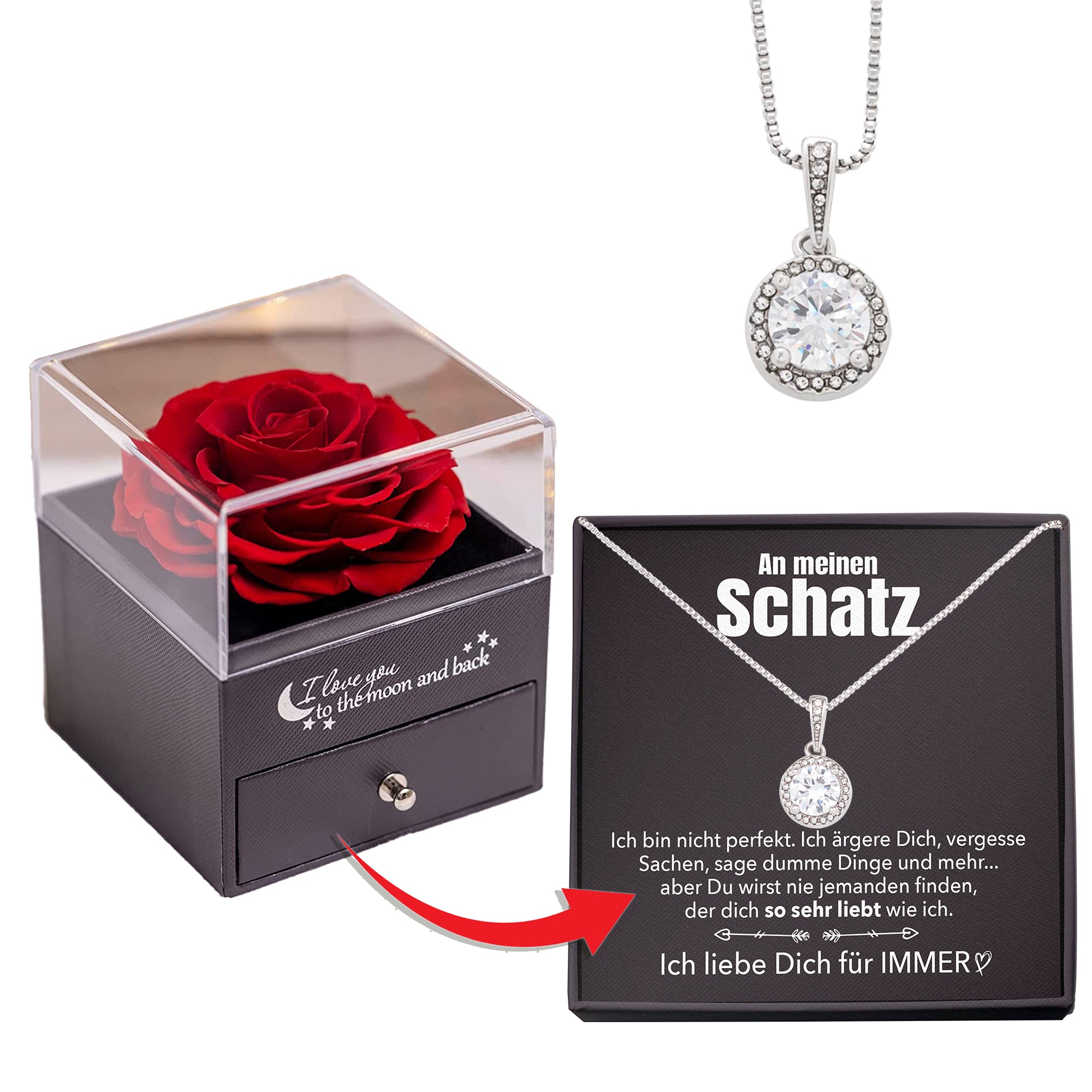 Rosenbox - Weißgold Ausführung Kreis Halskette - An meinen Schatz