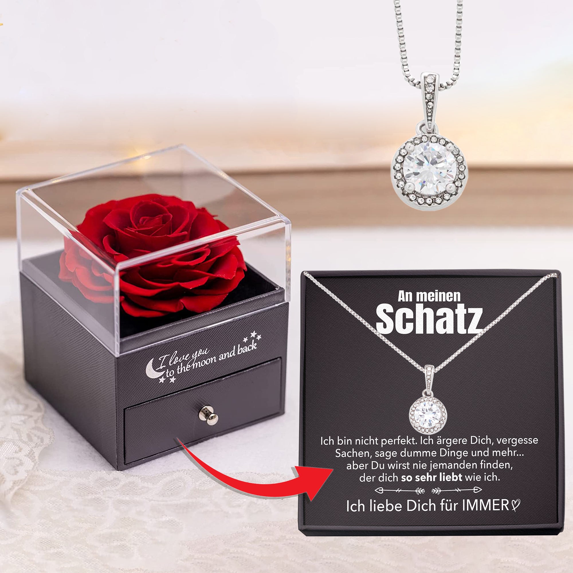 Rosenbox - Weißgold Ausführung Kreis Halskette - An meinen Schatz