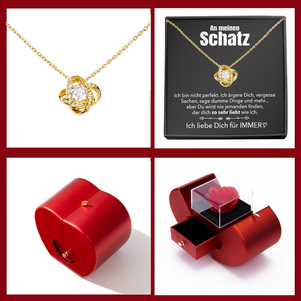 14k Weißgold Ausführung Liebesknoten Halskette - Mit echter Rose - An meinen Schatz