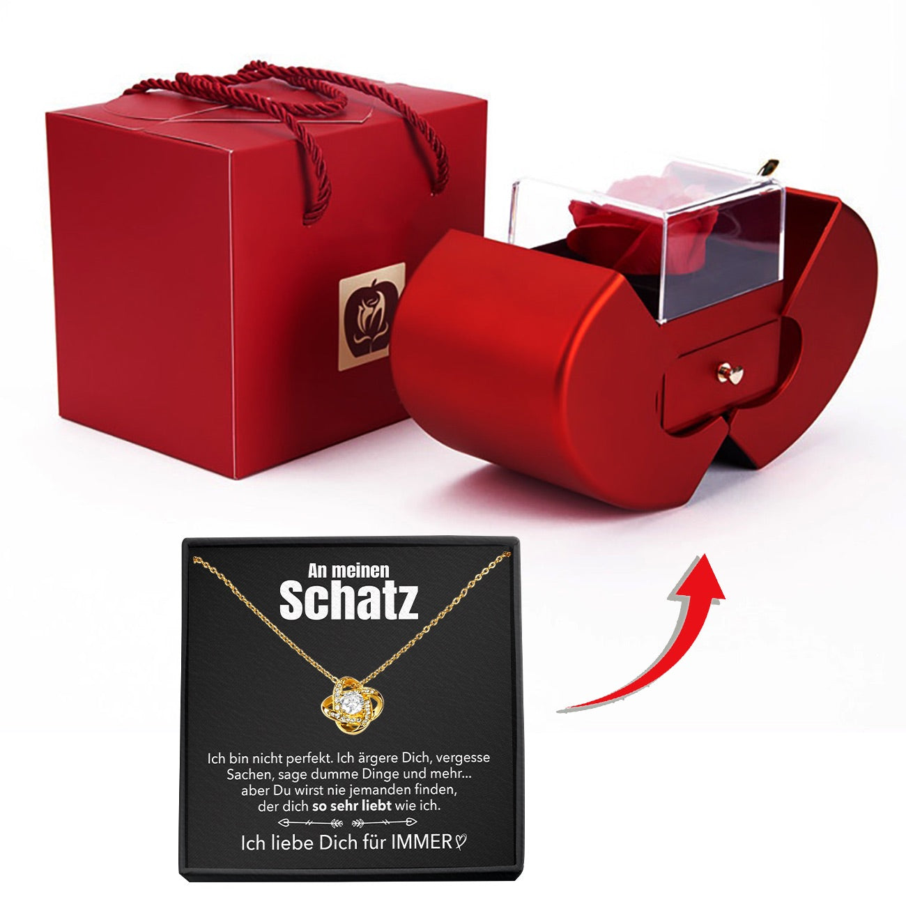 14k Weißgold Ausführung Liebesknoten Halskette - Mit echter Rose - An meinen Schatz