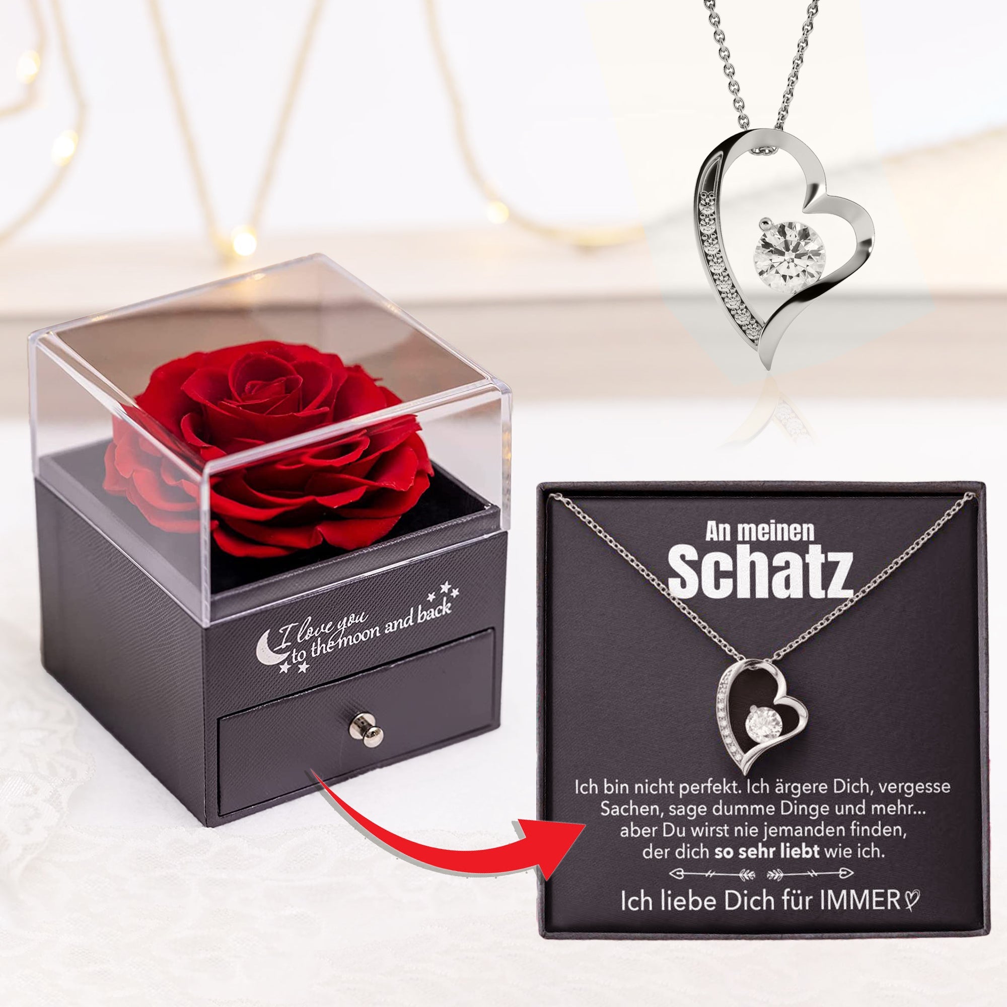 Elegante Rosenbox - Weißgold Ausführung Herz Halskette - An meinen Schatz