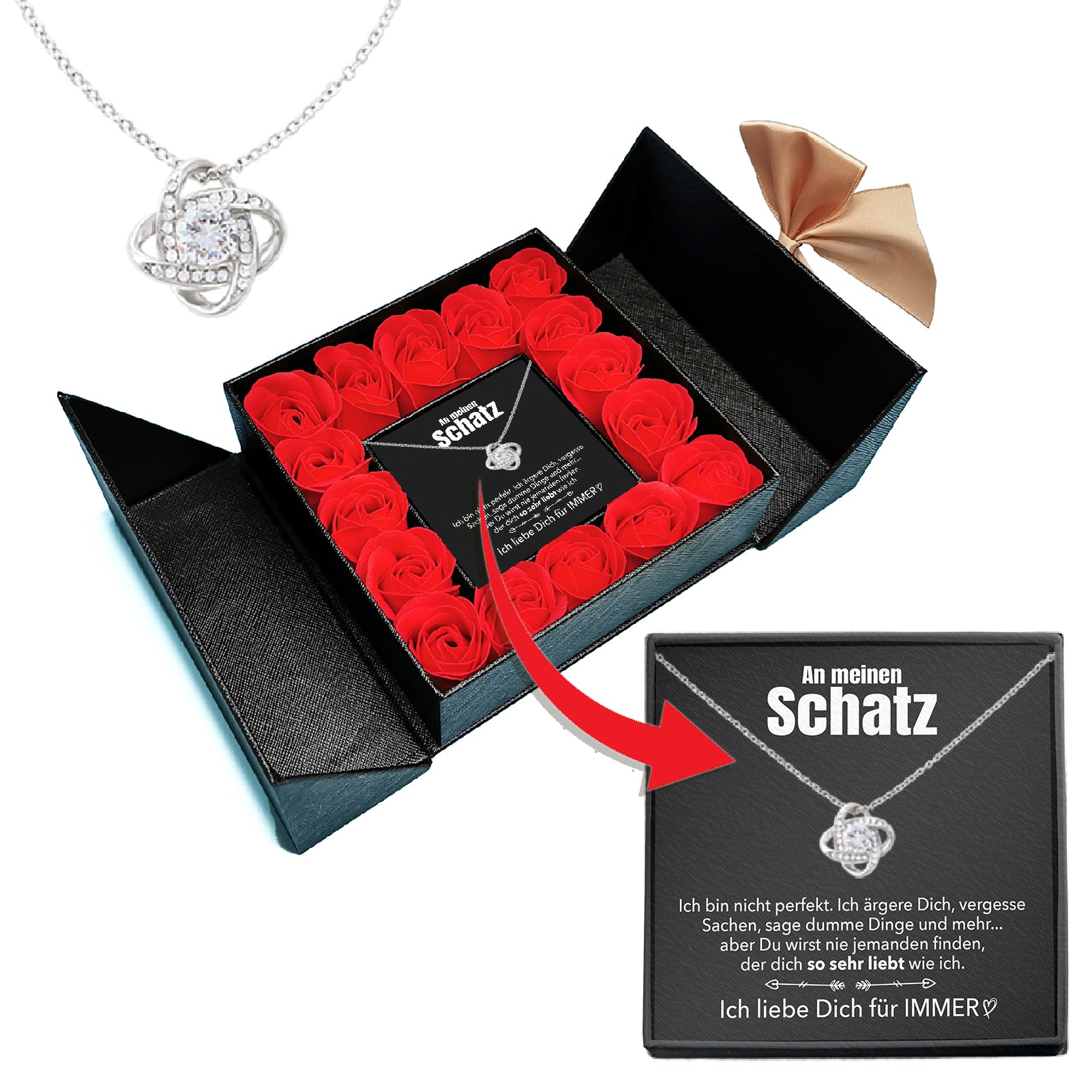 14k Weißgold Ausführung Liebesknoten Halskette - Mit echten Rosen - An meinen Schatz