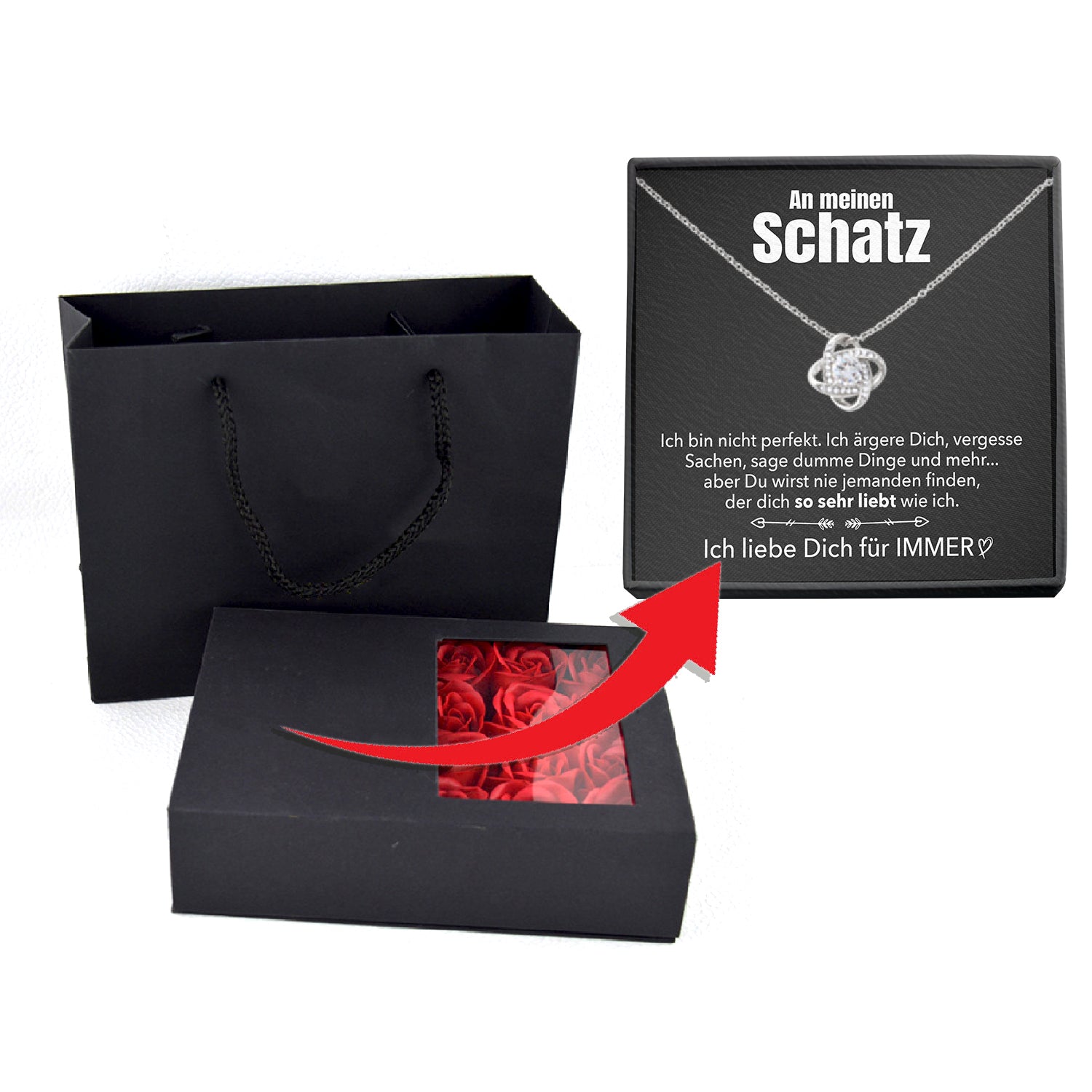 Rosenbox mit Notiz - Weißgold Liebesknoten Halskette - An meinen Schatz