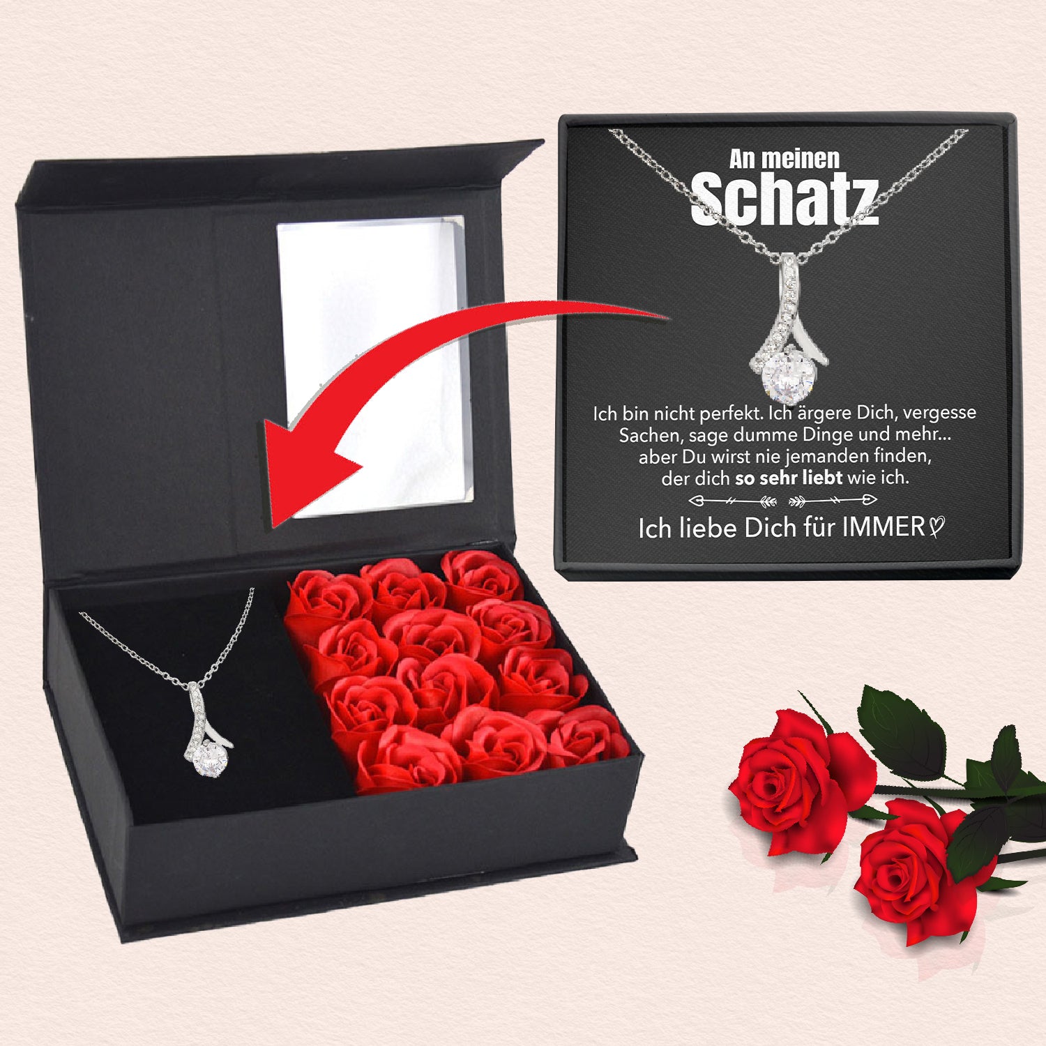 Rosenbox mit Notiz - Weißgold Stil-Halskette - An meinen Schatz