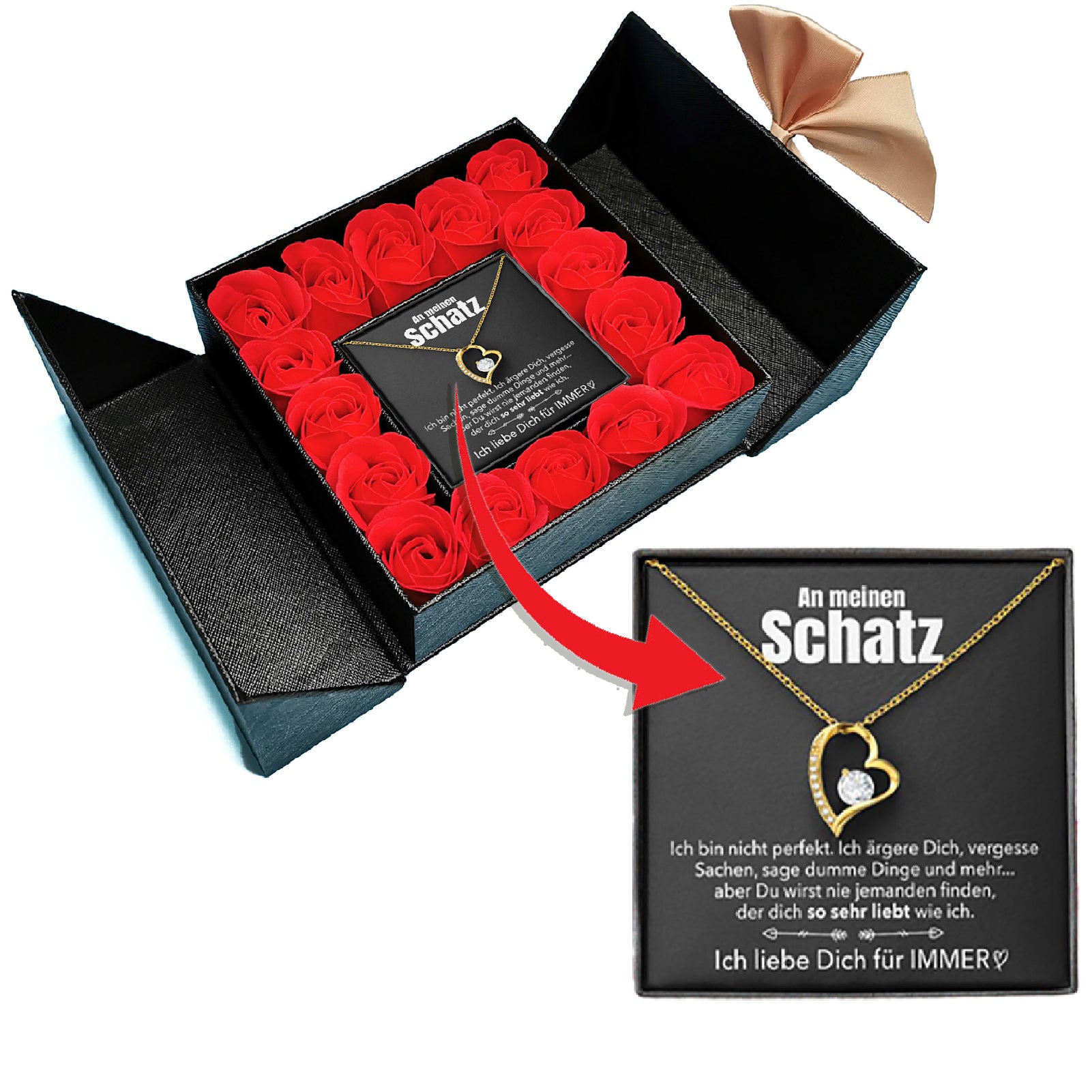 14k Weißgold Ausführung Herz Halskette - Mit echten Rosen - An meinen Schatz