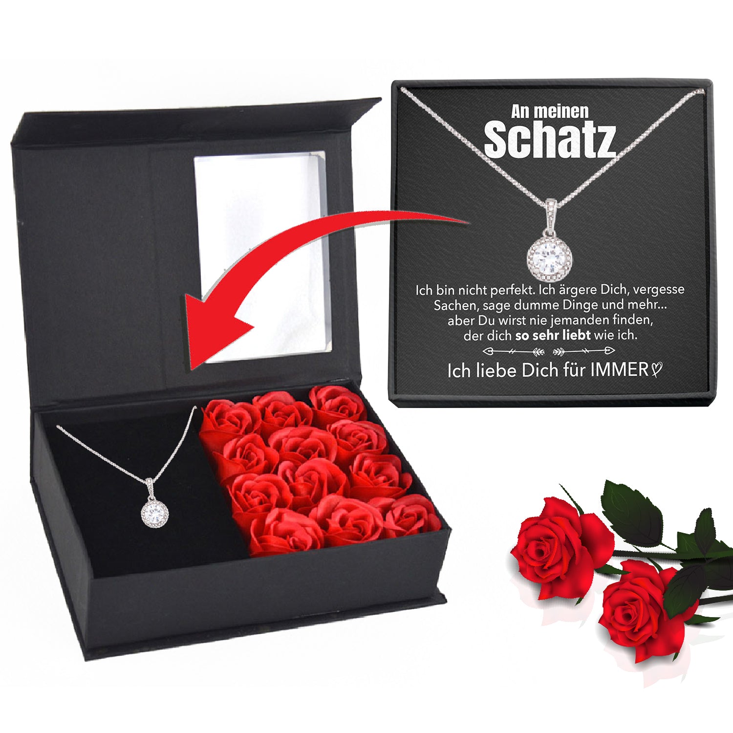 Rosenbox mit Notiz - Weißgold Ausführung Kreis Halskette - An meinen Schatz