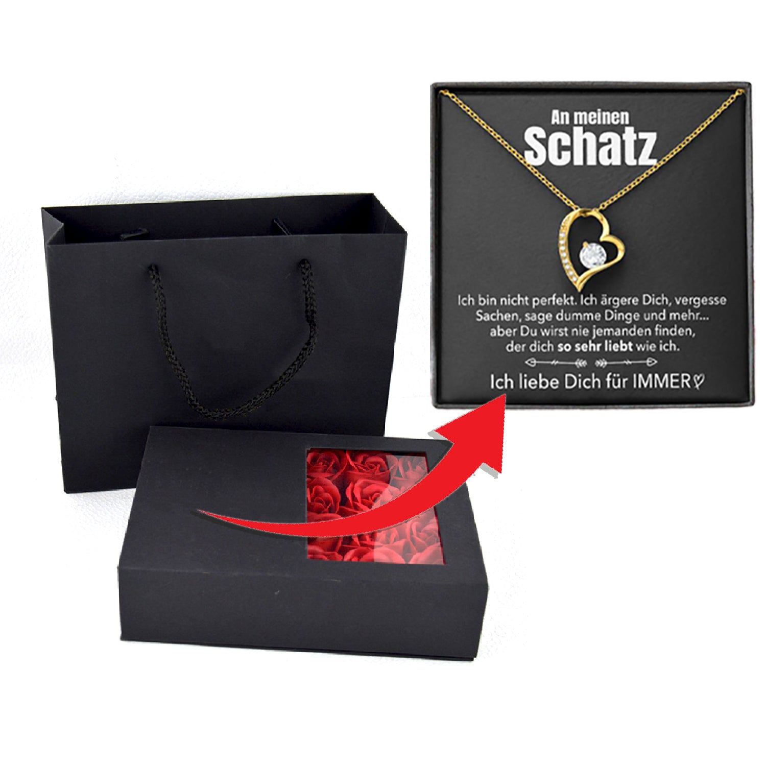 Rosenbox mit Notiz - Weißgold Ausführung Herz Halskette - An meinen Schatz