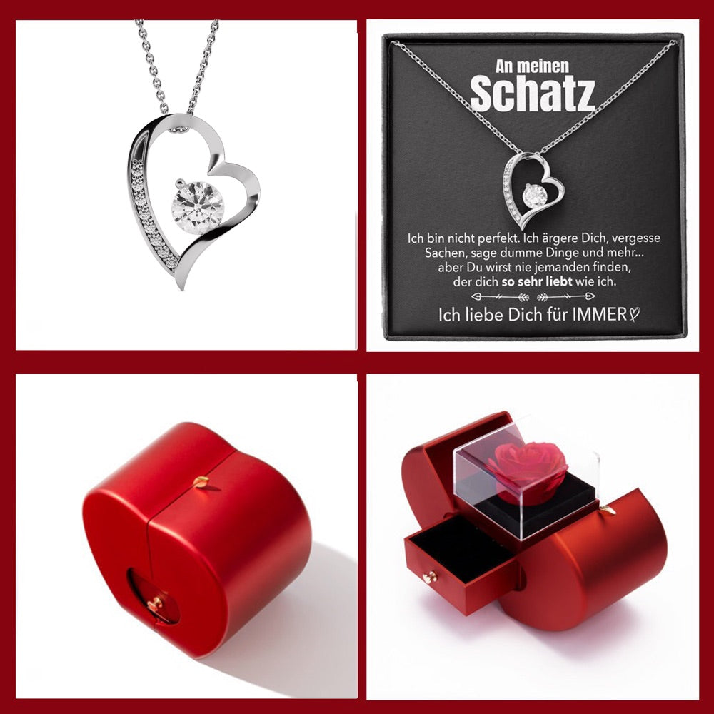 14k Weißgold Ausführung Herz Halskette - Mit echter Rose - An meinen Schatz