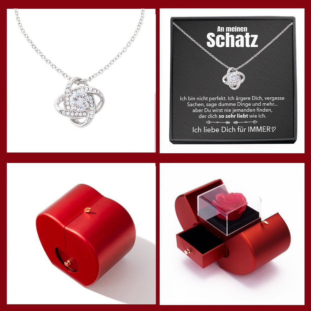 14k Weißgold Ausführung Liebesknoten Halskette - Mit echter Rose - An meinen Schatz