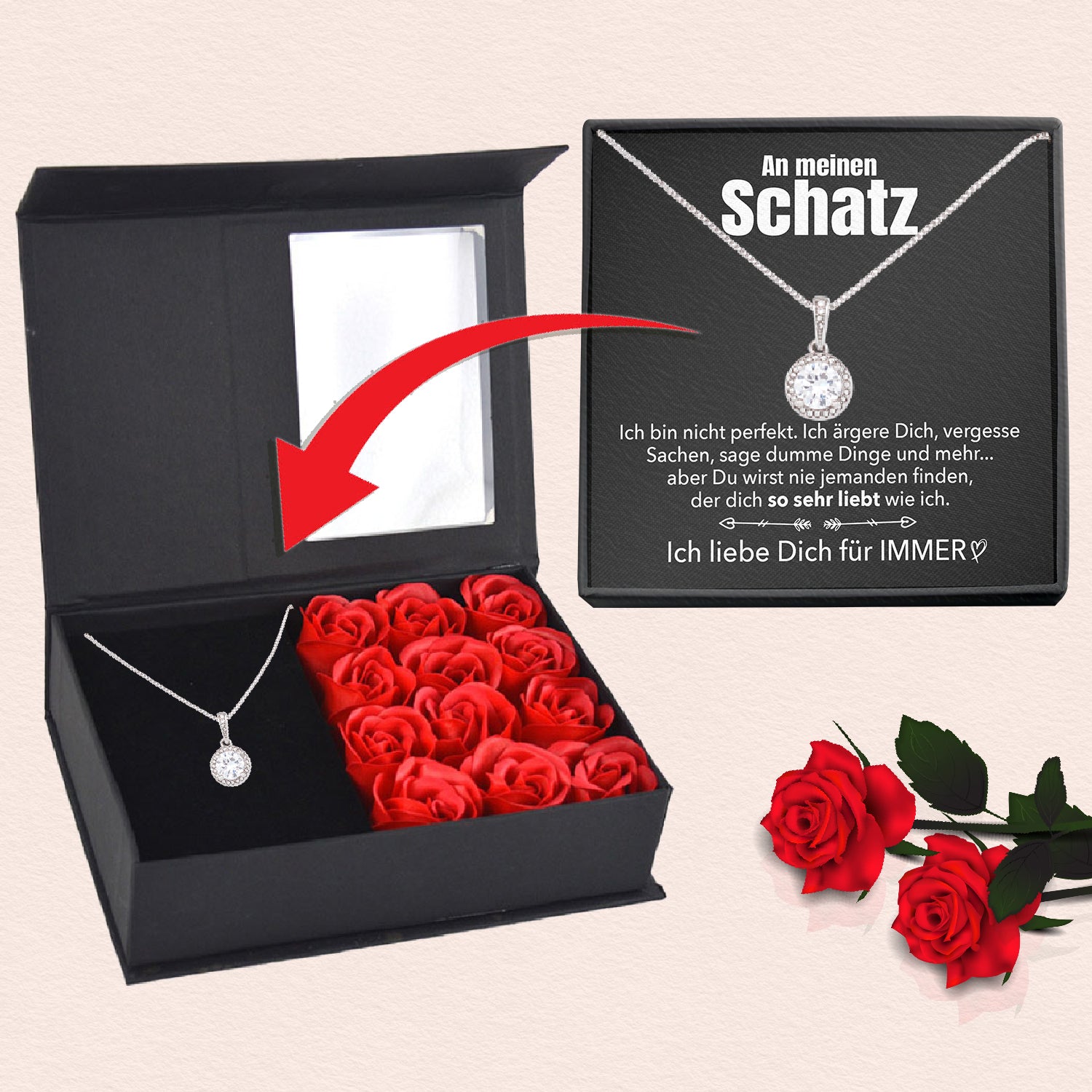 Rosenbox mit Notiz - Weißgold Ausführung Kreis Halskette - An meinen Schatz