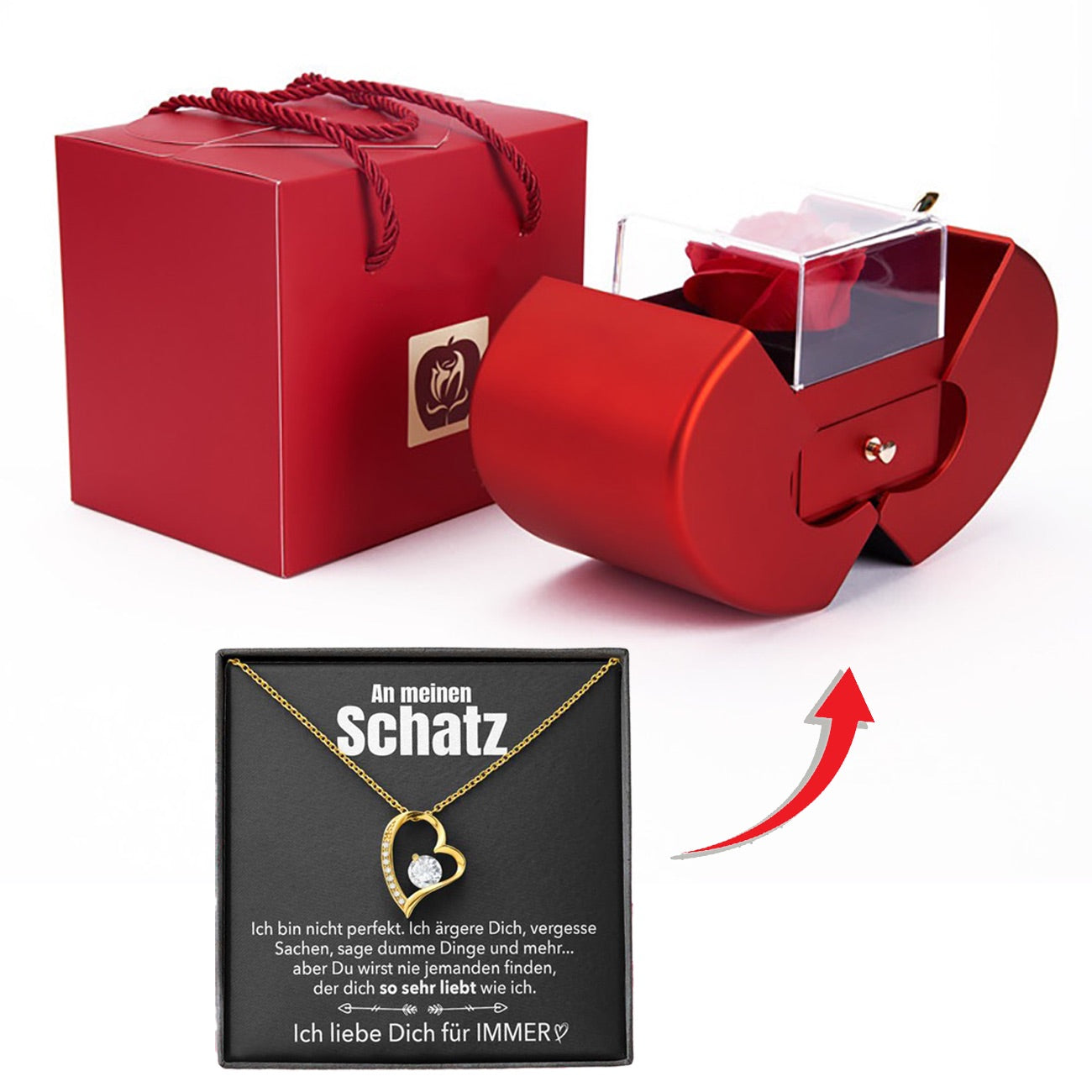 14k Weißgold Ausführung Herz Halskette - Mit echter Rose - An meinen Schatz