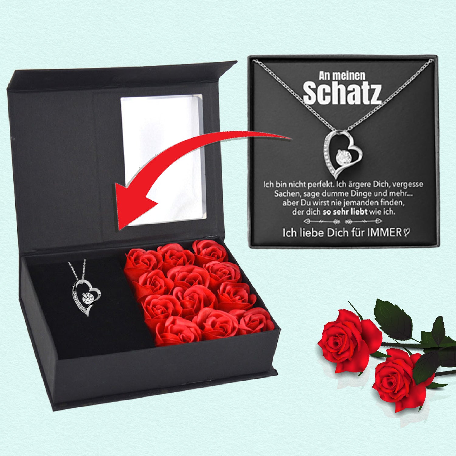 Rosenbox mit Notiz - Weißgold Ausführung Herz Halskette - An meinen Schatz