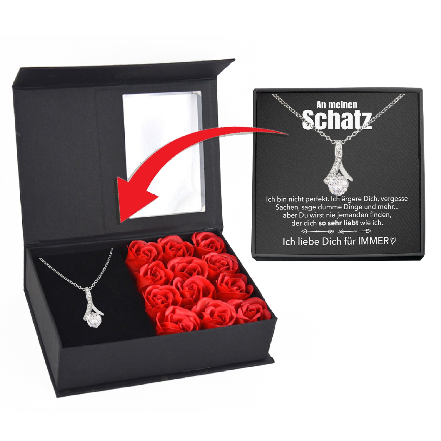 Rosenbox mit Notiz - Weißgold Stil-Halskette - An meinen Schatz