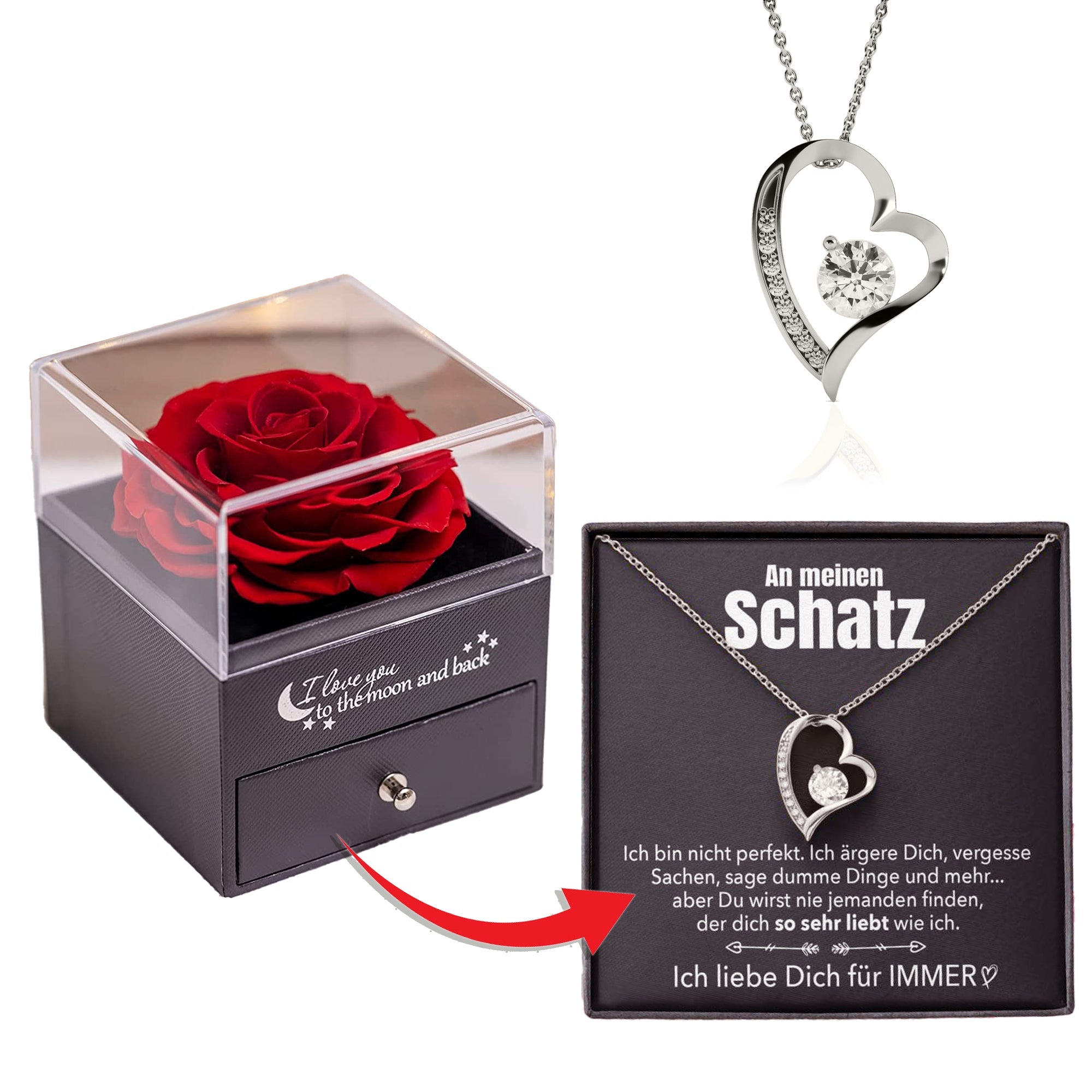 Elegante Rosenbox - Weißgold Ausführung Herz Halskette - An meinen Schatz