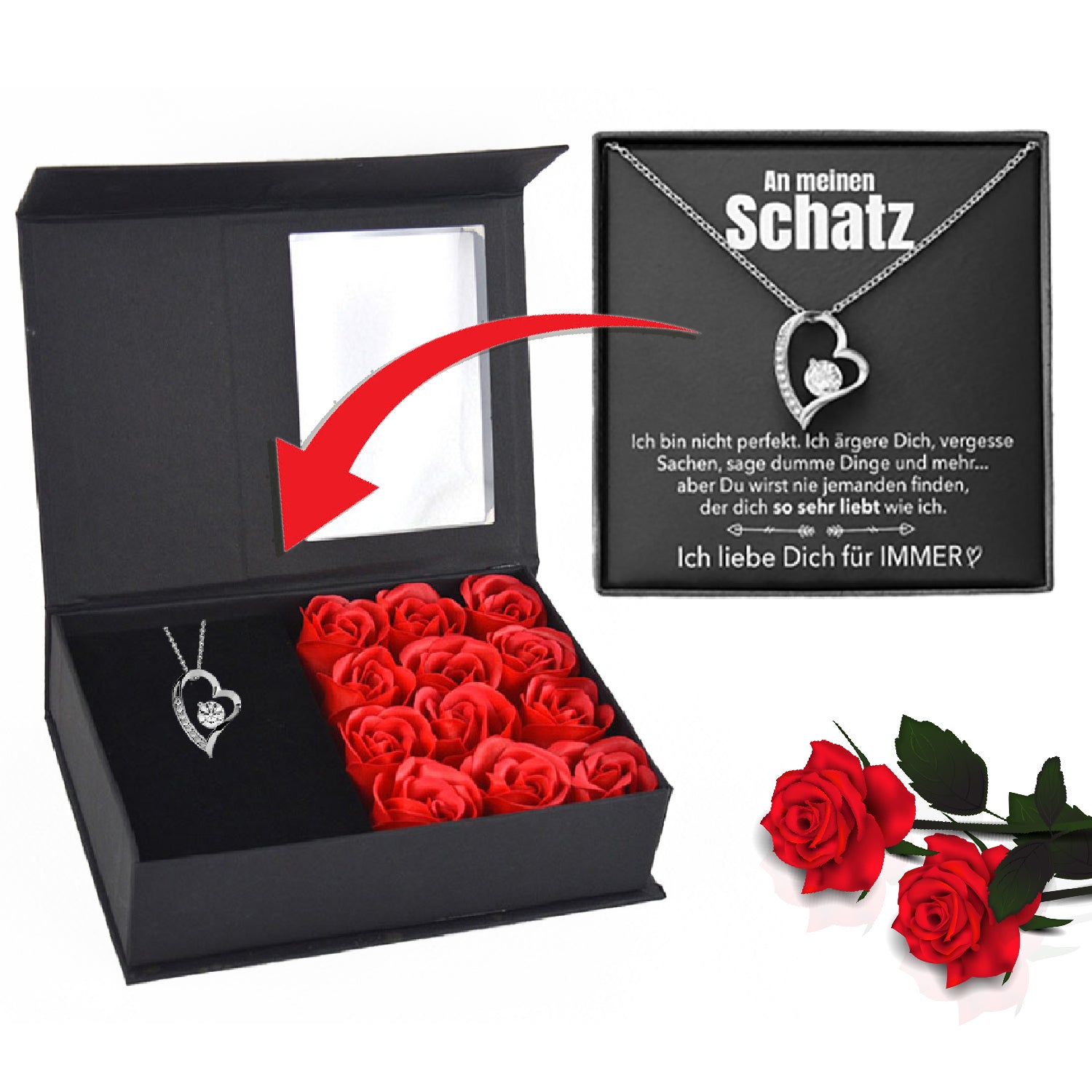 Rosenbox mit Notiz - Weißgold Ausführung Herz Halskette - An meinen Schatz