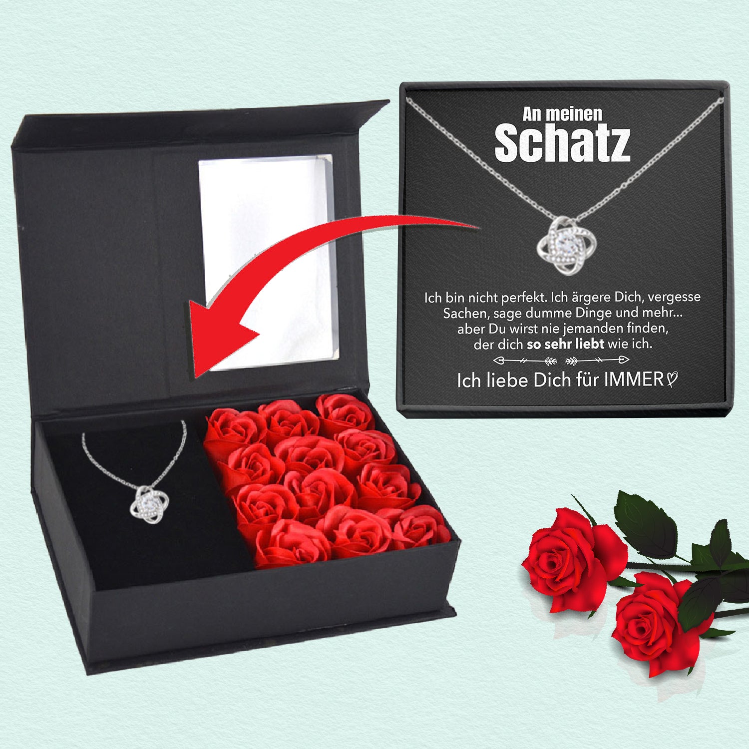 Rosenbox mit Notiz - Weißgold Liebesknoten Halskette - An meinen Schatz