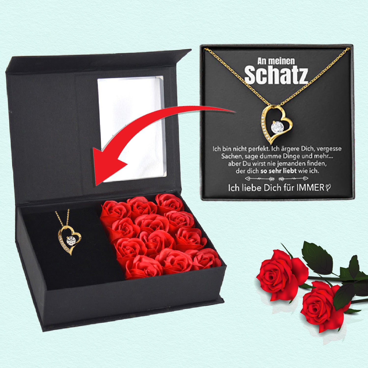 Rosenbox mit Notiz - Weißgold Ausführung Herz Halskette - An meinen Schatz