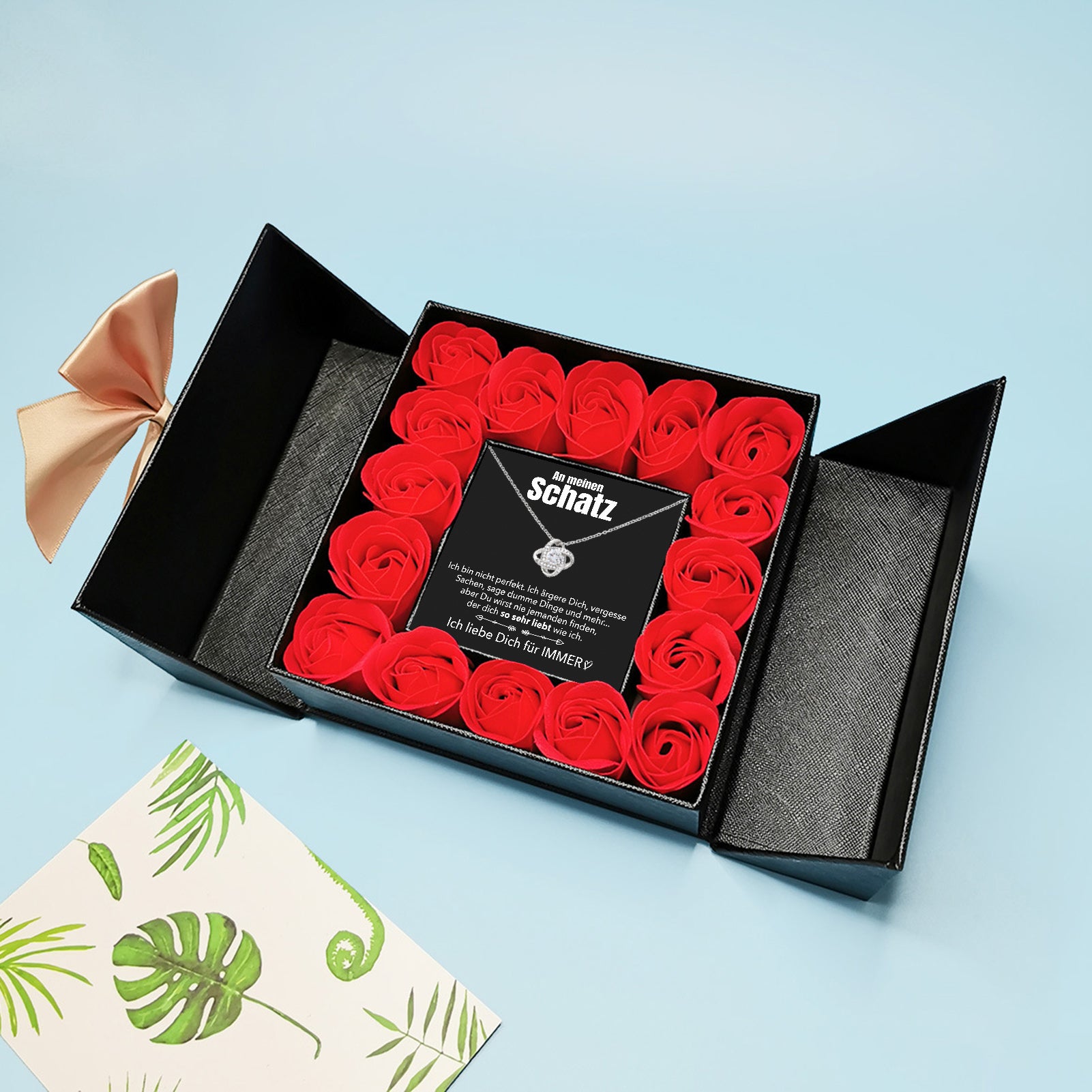 14k Weißgold Ausführung Liebesknoten Halskette - Mit echten Rosen - An meinen Schatz