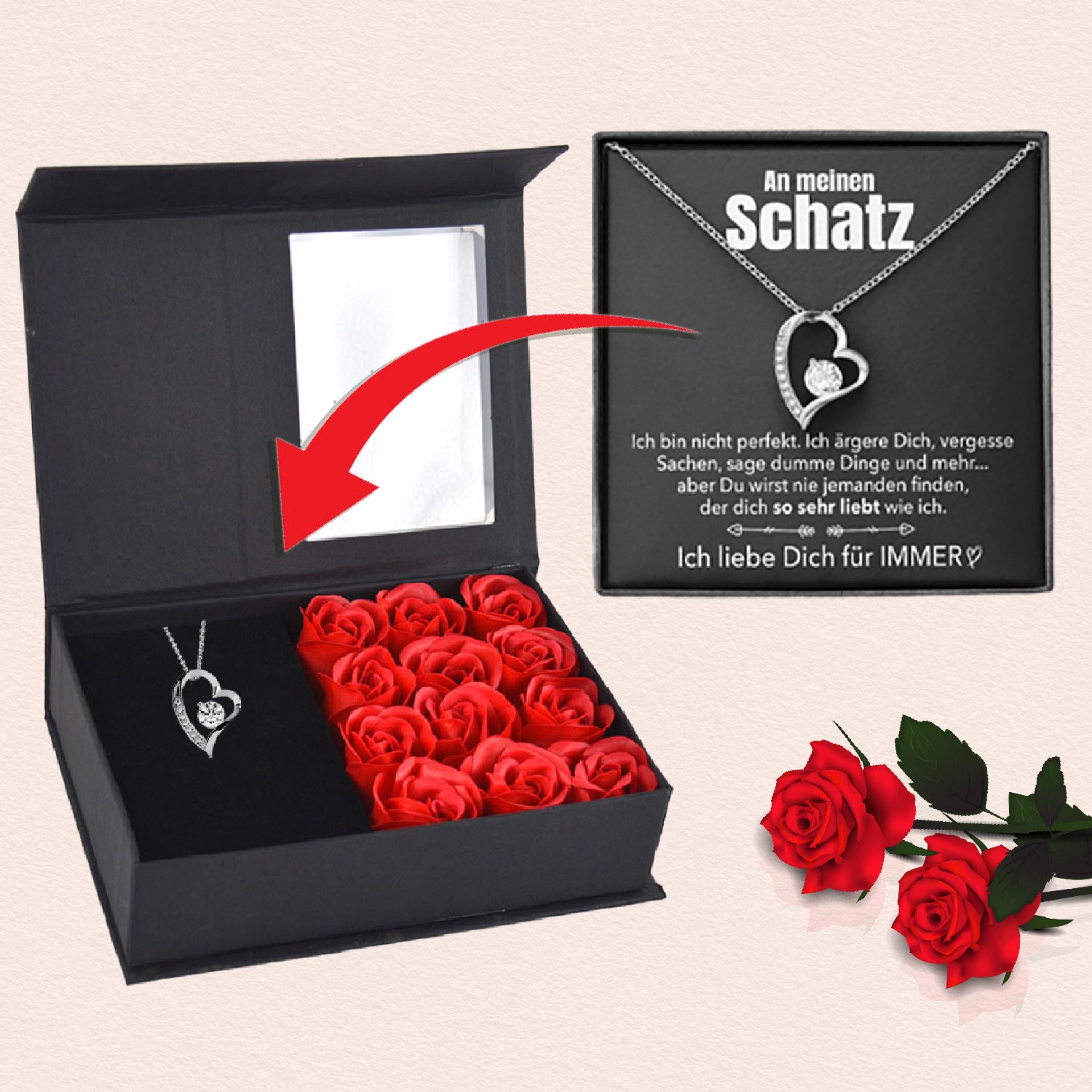 Rosenbox mit Notiz - Weißgold Ausführung Herz Halskette - An meinen Schatz
