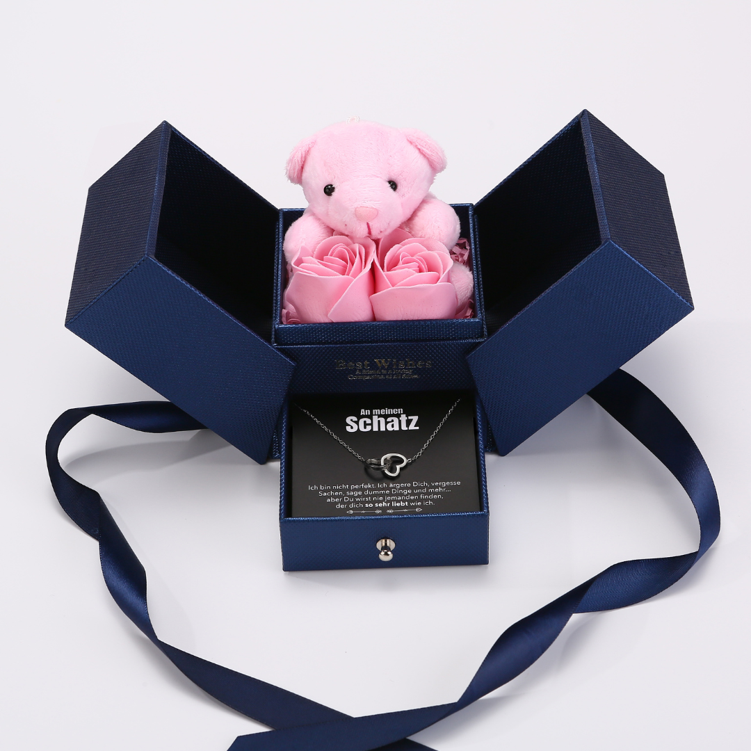 Ewige Rosenbär Box - Gravierte Halskette mit Notiz & ewiger Rose